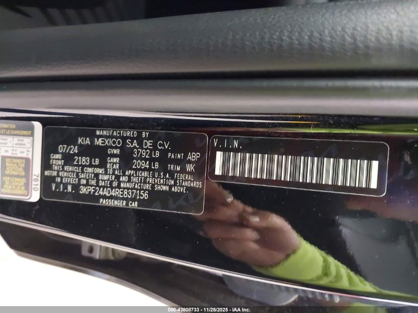 2024 Kia Forte Lxs VIN: 3KPF24AD4RE837156 Lot: 43808733