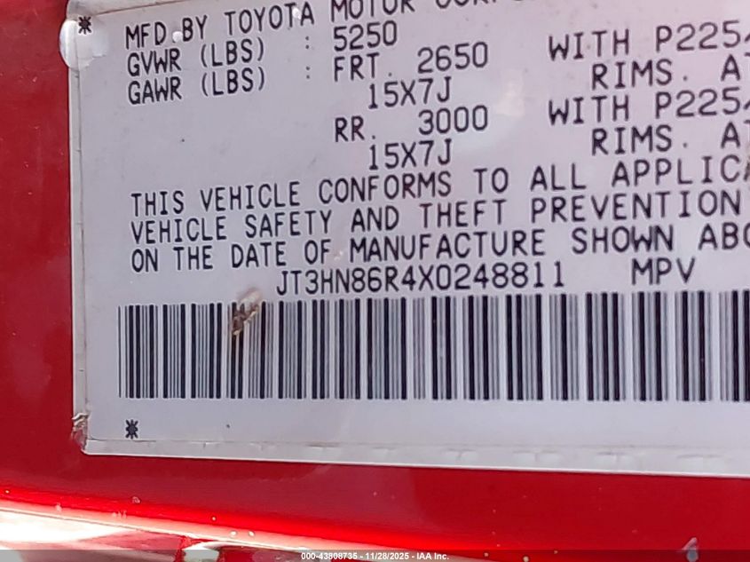 1999 Toyota 4Runner Sr5 V6 VIN: JT3HN86R4X0248811 Lot: 43808735