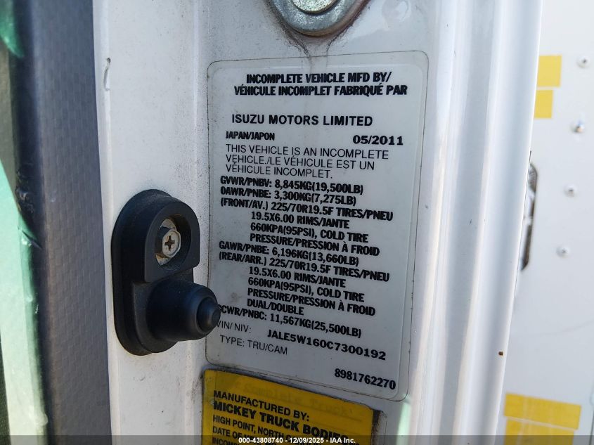 2012 Isuzu Dsl Reg VIN: JALE5W160C7300192 Lot: 43808740