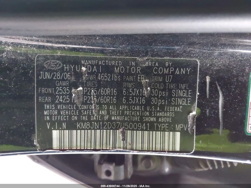 2007 Hyundai Tucson Limited/Se VIN: KM8JN12D37U500941 Lot: 43808744