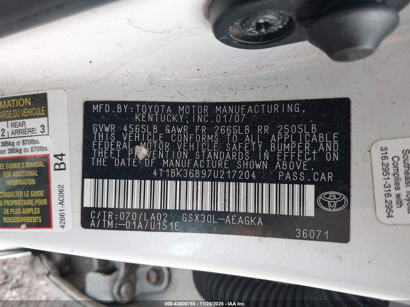 2007 Toyota Avalon Xls VIN: 4T1BK36B97U217204 Lot: 43808755