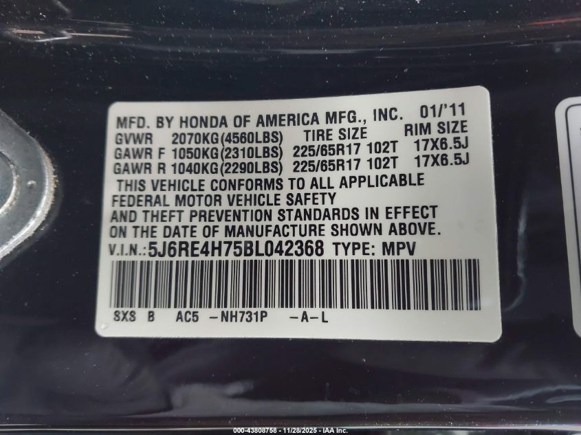 2011 Honda Cr-V Ex-L VIN: 5J6RE4H75BL042368 Lot: 43808758