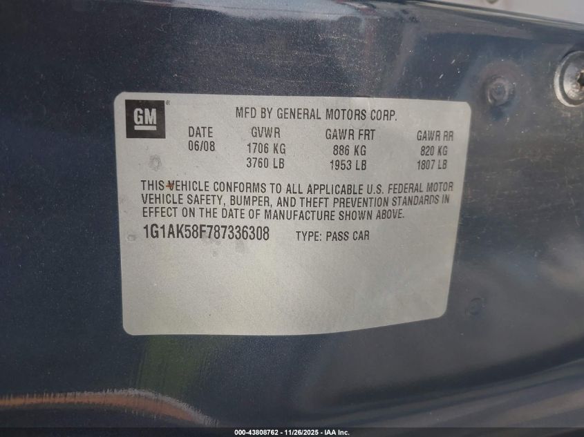 2008 Chevrolet Cobalt Ls VIN: 1G1AK58F787336308 Lot: 43808762