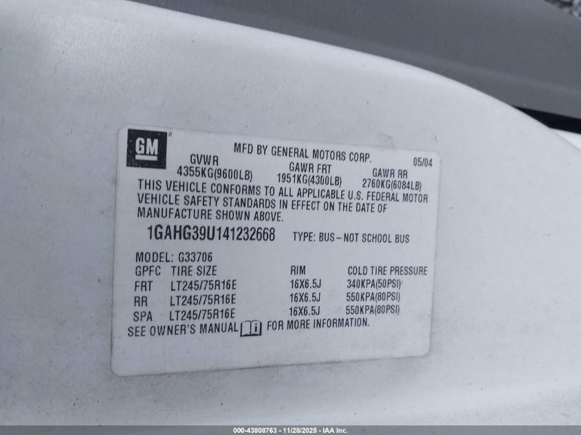 2004 Chevrolet Express VIN: 1GAHG39U141232668 Lot: 43808763