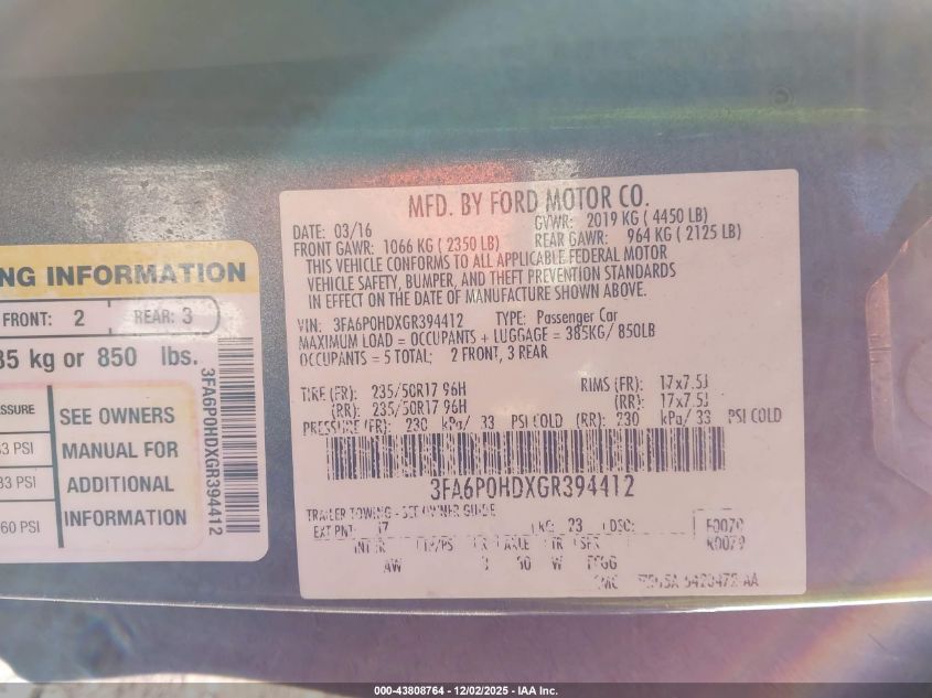 2016 Ford Fusion Se VIN: 3FA6P0HDXGR394412 Lot: 43808764