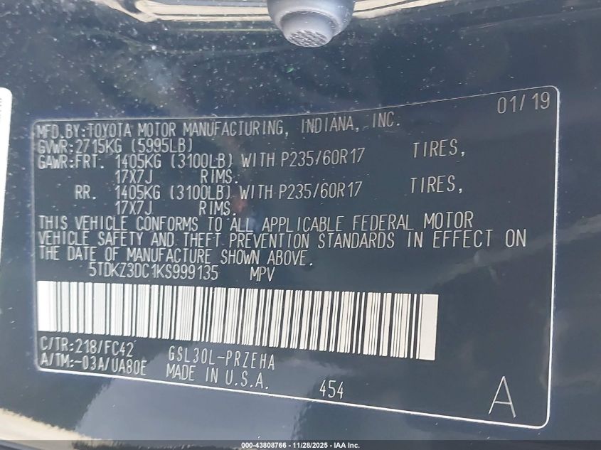 2019 Toyota Sienna Le 8 Passenger VIN: 5TDKZ3DC1KS999135 Lot: 43808766