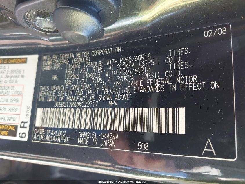 2008 Toyota 4Runner Limited V6 VIN: JTEBU17R68K022717 Lot: 43808767