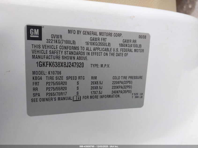 2008 GMC Yukon Denali VIN: 1GKFK638X8J247920 Lot: 43808769