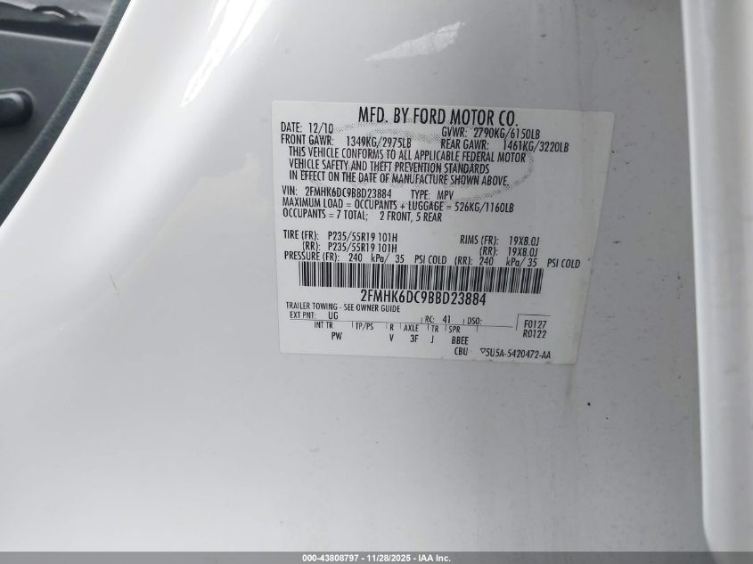 2011 Ford Flex Limited VIN: 2FMHK6DC9BBD23884 Lot: 43808797