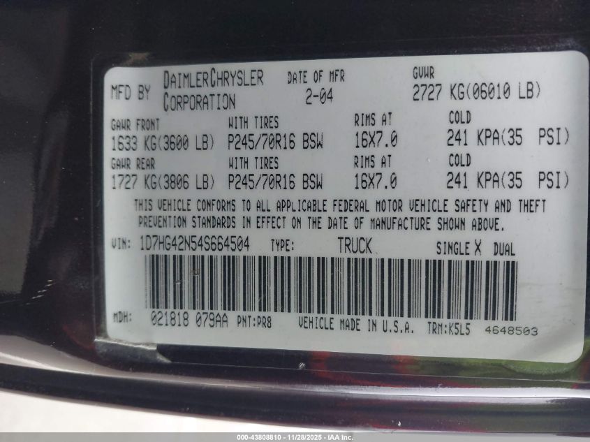 2004 Dodge Dakota Slt VIN: 1D7HG42N54S664504 Lot: 43808810