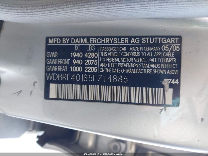 2005 Mercedes-Benz C 230 Kompressor Sport VIN: WDBRF40J85F714886 Lot: 43808813