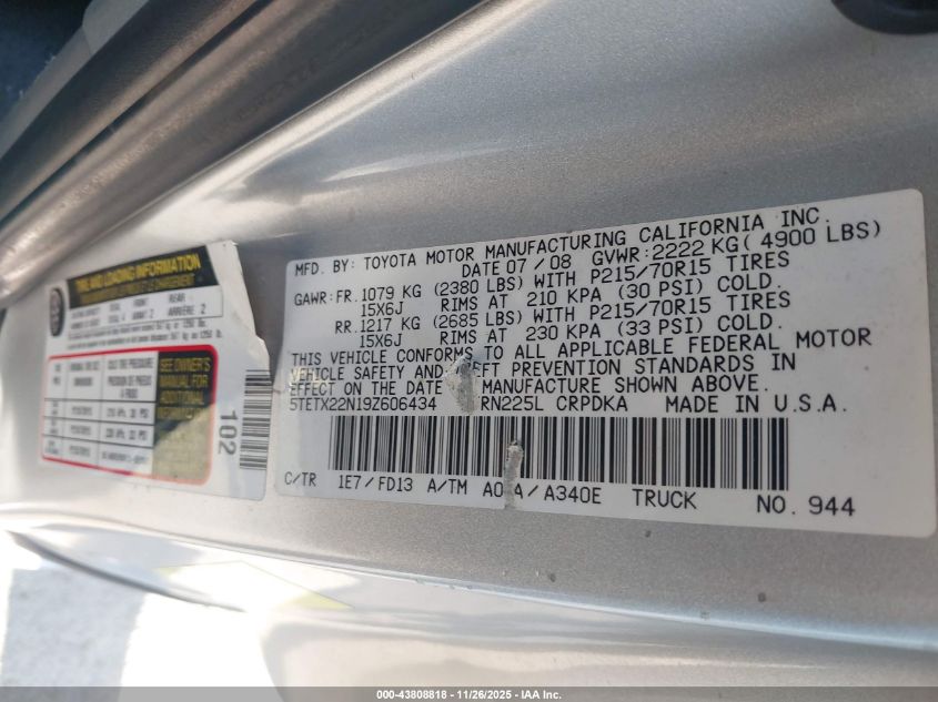 2009 Toyota Tacoma VIN: 5TETX22N19Z606434 Lot: 43808818