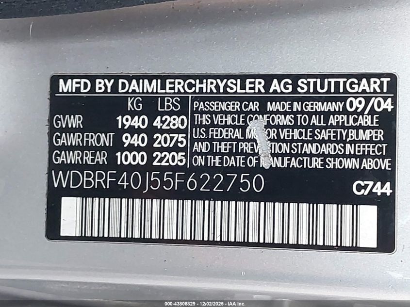 2005 Mercedes-Benz C 230 Kompressor Sport VIN: WDBRF40J55F622750 Lot: 43808829