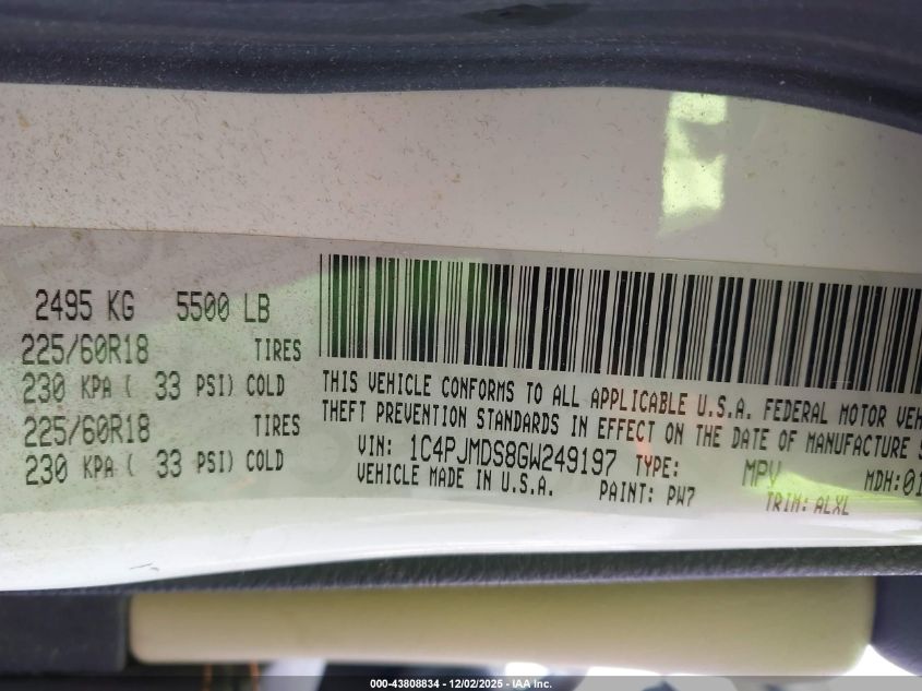 2016 Jeep Cherokee Limited VIN: 1C4PJMDS8GW249197 Lot: 43808834