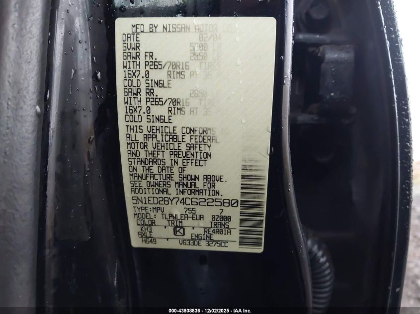 2004 Nissan Xterra Xe VIN: 5N1ED28Y74C622580 Lot: 43808836