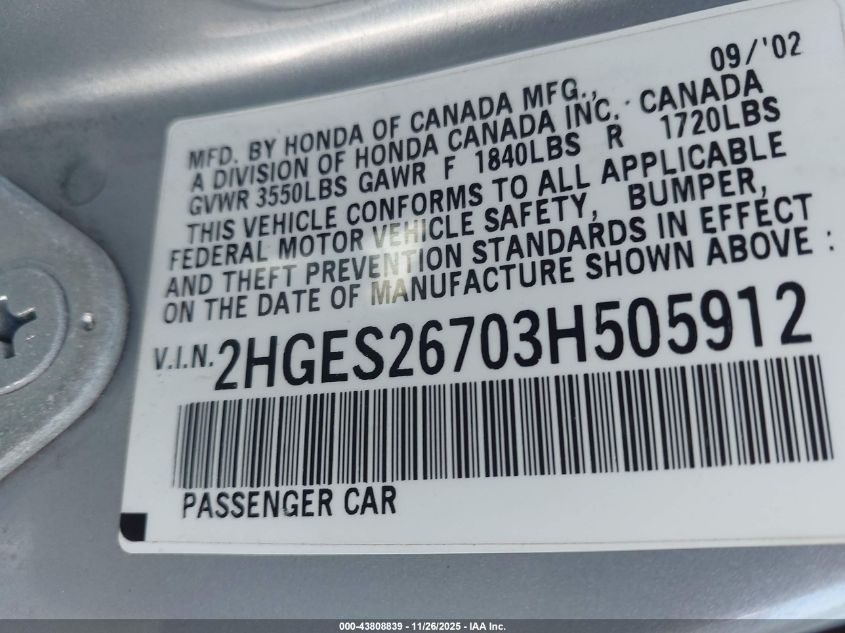2003 Honda Civic Ex VIN: 2HGES26703H505912 Lot: 43808839