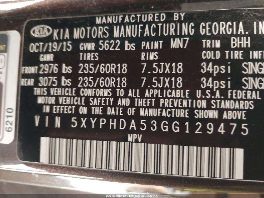 2016 Kia Sorento 3.3L Ex VIN: 5XYPHDA53GG129475 Lot: 43808842