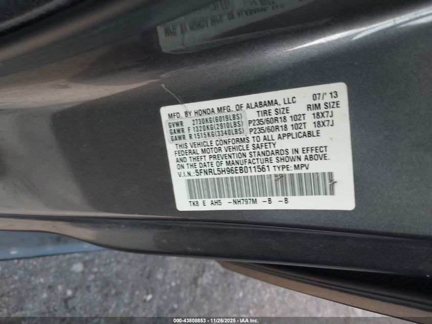 2014 Honda Odyssey Touring/Touring Elite VIN: 5FNRL5H96EB011561 Lot: 43808853