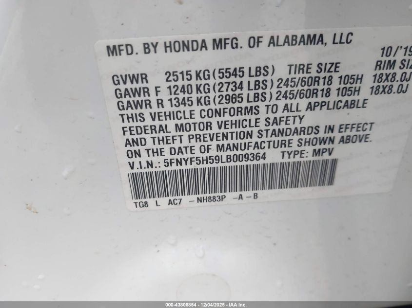 2020 Honda Pilot 2Wd Ex-L VIN: 5FNYF5H59LB009364 Lot: 43808854