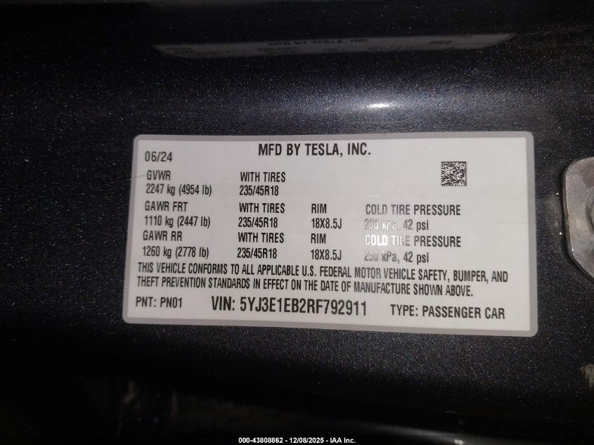 2024 Tesla Model 3 Long Range Dual Motor All-Wheel Drive VIN: 5YJ3E1EB2RF792911 Lot: 43808862