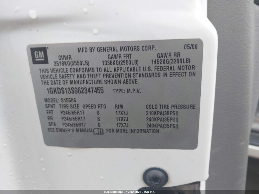 2006 GMC Envoy VIN: 1GKDS138962347455 Lot: 43808888
