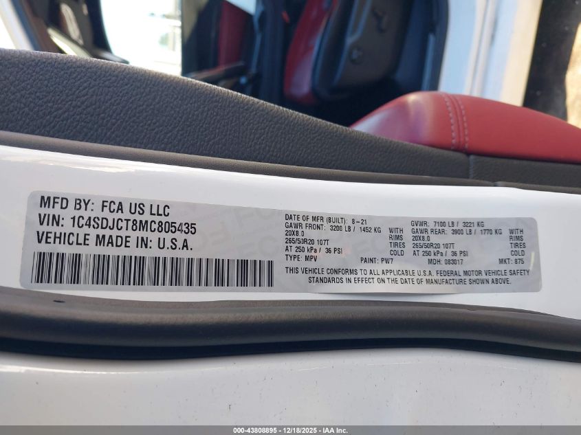 2021 Dodge Durango R/T Awd VIN: 1C4SDJCT8MC805435 Lot: 43808895