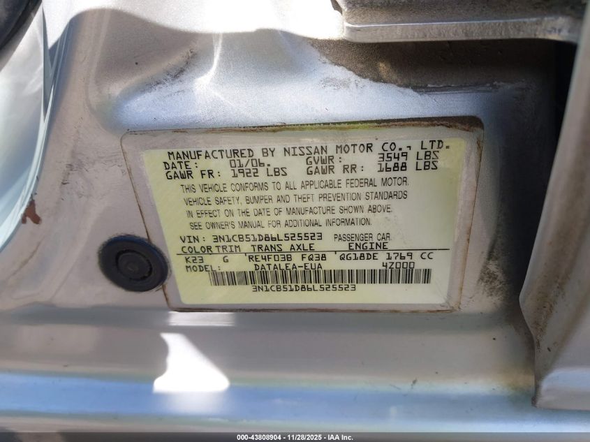 2006 Nissan Sentra 1.8S VIN: 3N1CB51D86L525523 Lot: 43808904