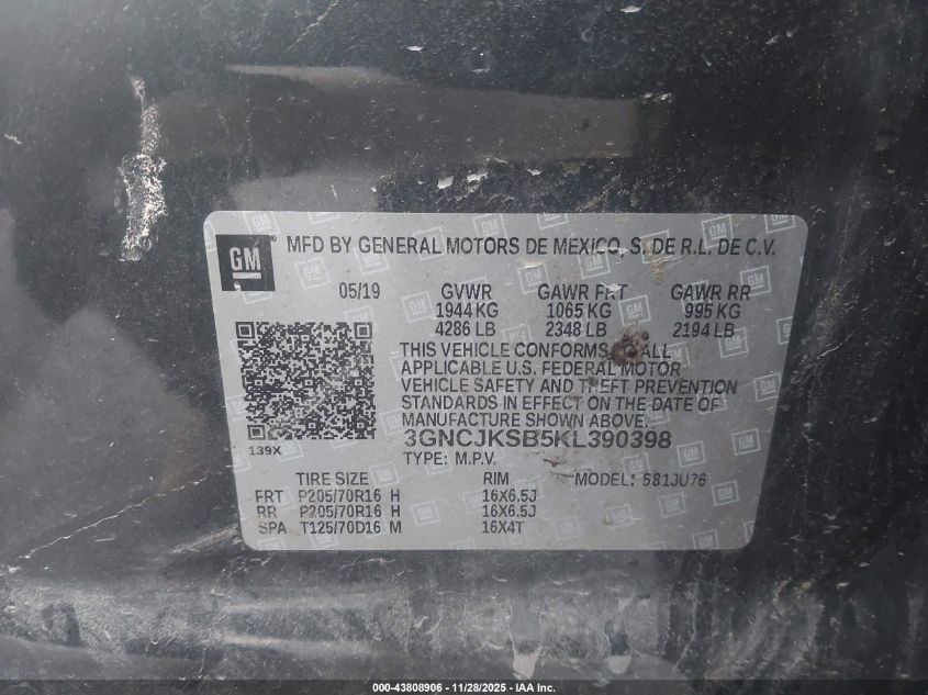 2019 Chevrolet Trax Ls VIN: 3GNCJKSB5KL390398 Lot: 43808906