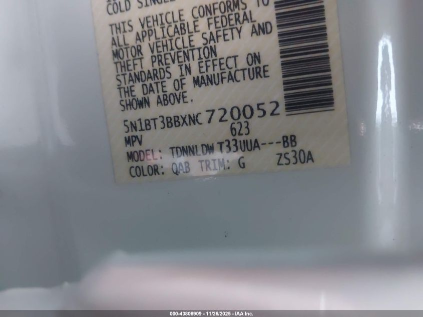 2022 Nissan Rogue Sv VIN: 5N1BT3BBXNC720052 Lot: 43808909