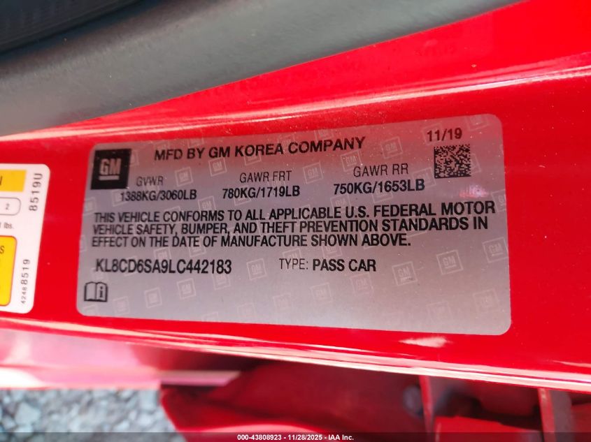 2020 Chevrolet Spark Fwd 1Lt Automatic VIN: KL8CD6SA9LC442183 Lot: 43808923