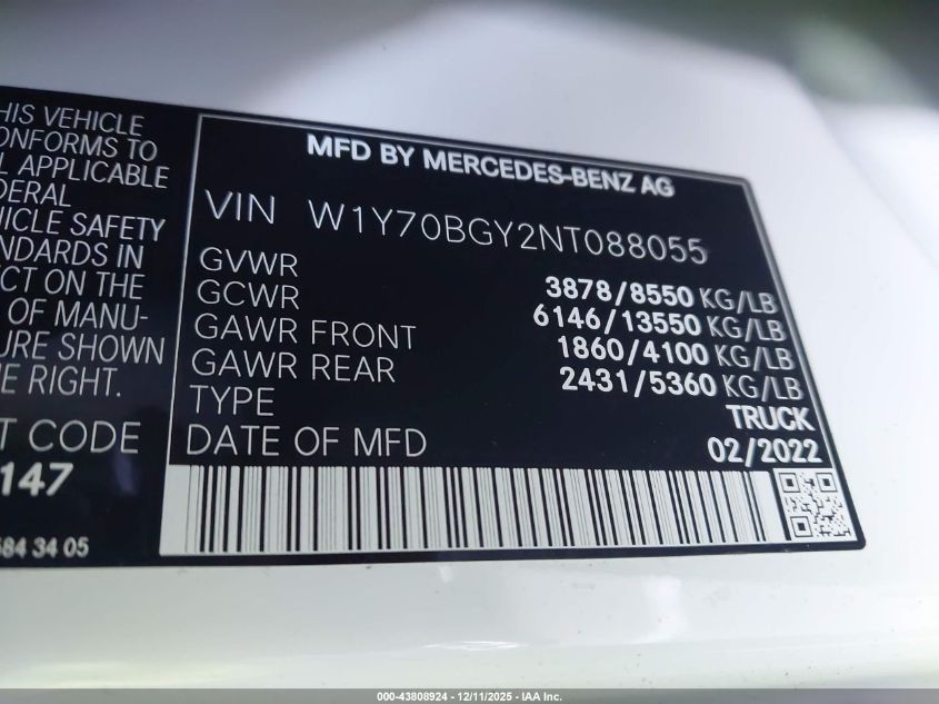 2022 Mercedes-Benz Sprinter 1500 Standard Roof I4 VIN: W1Y70BGY2NT088055 Lot: 43808924