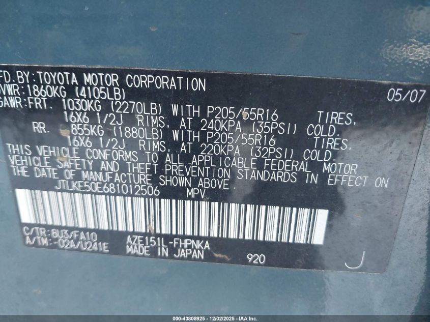 2008 Scion Xb VIN: JTLKE50E681012506 Lot: 43808925