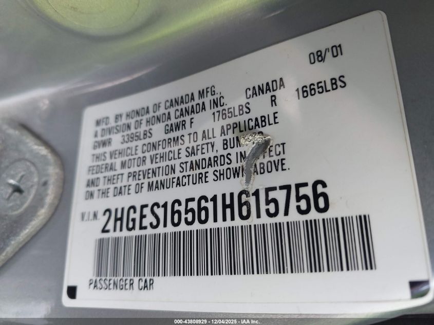 2001 Honda Civic Lx VIN: 2HGES16561H615756 Lot: 43808929