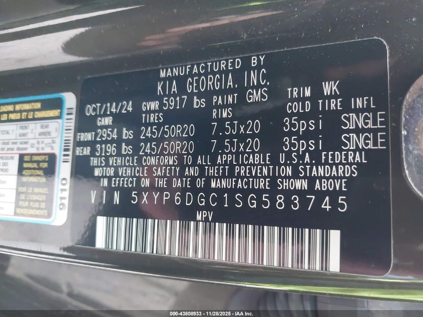 2025 Kia Telluride S VIN: 5XYP6DGC1SG583745 Lot: 43808933