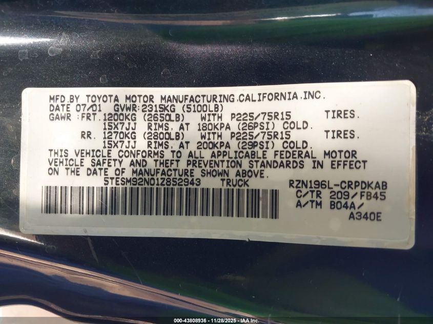 2001 Toyota Tacoma Prerunner VIN: 5TESM92N01Z852943 Lot: 43808936