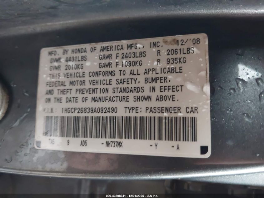 2009 Honda Accord 2.4 Ex-L VIN: 1HGCP26839A092490 Lot: 43808941