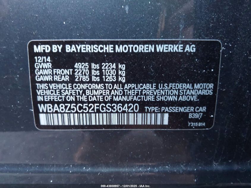 2015 BMW 328I Gran Turismo xDrive VIN: WBA8Z5C52FGS36420 Lot: 43808957