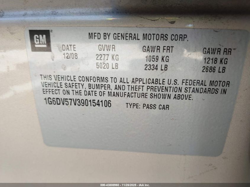 2009 Cadillac Cts Rwd W/1Sb VIN: 1G6DV57V390154106 Lot: 43808960