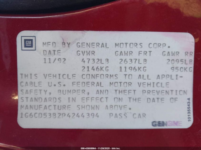 1993 Cadillac Deville VIN: 1G6CD53B2P4244394 Lot: 43808964