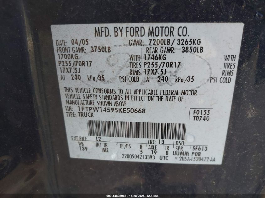 2005 Ford F-150 Fx4/Lariat/Xlt VIN: 1FTPW14595KE50668 Lot: 43808966