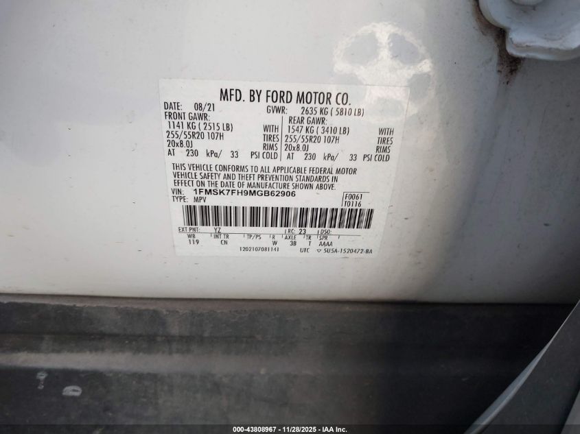 2021 Ford Explorer Limited VIN: 1FMSK7FH9MGB62906 Lot: 43808967