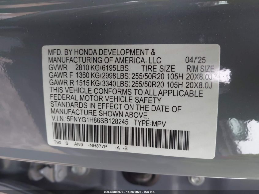 2025 Honda Pilot Elite VIN: 5FNYG1H86SB128245 Lot: 43808973