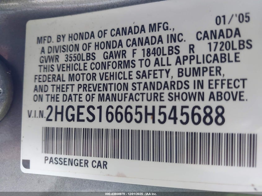 2HGES16665H545688 2005 HONDA CIVIC photo no. 9