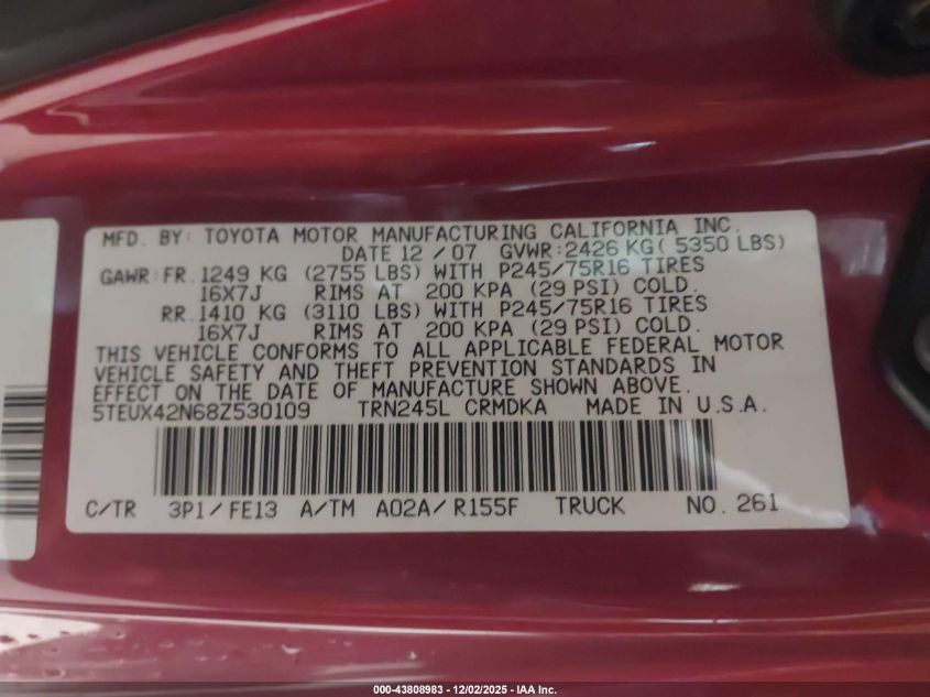 2008 Toyota Tacoma VIN: 5TEUX42N68Z530109 Lot: 43808983