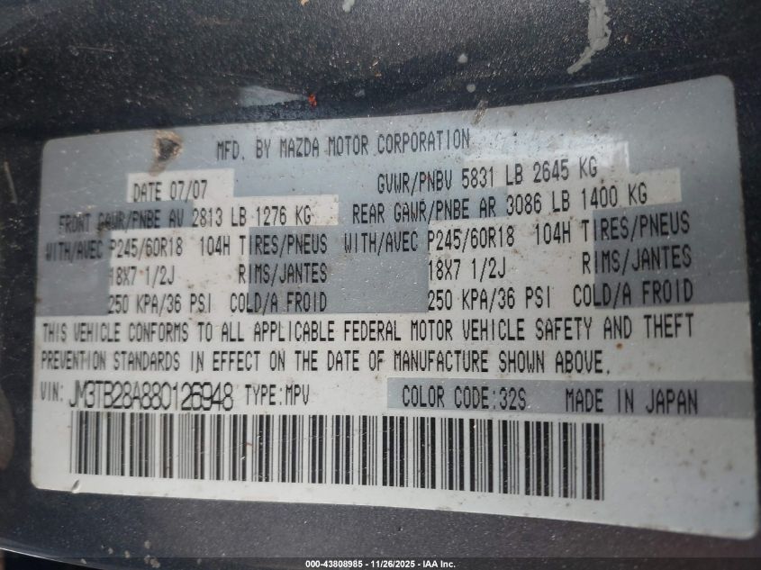 2008 Mazda Cx-9 Touring VIN: JM3TB28A880126948 Lot: 43808985