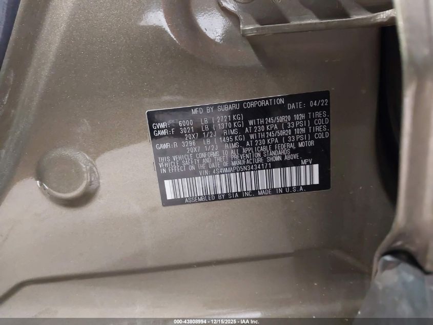 2022 Subaru Ascent Limited VIN: 4S4WMAPD5N3434171 Lot: 43808994