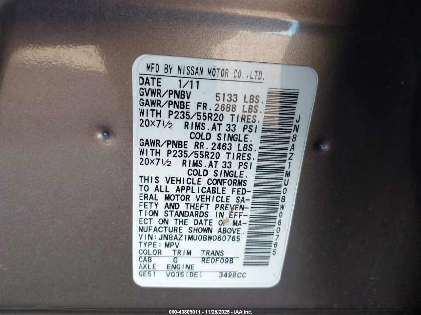 2011 Nissan Murano Le VIN: JN8AZ1MU0BW060765 Lot: 43809011