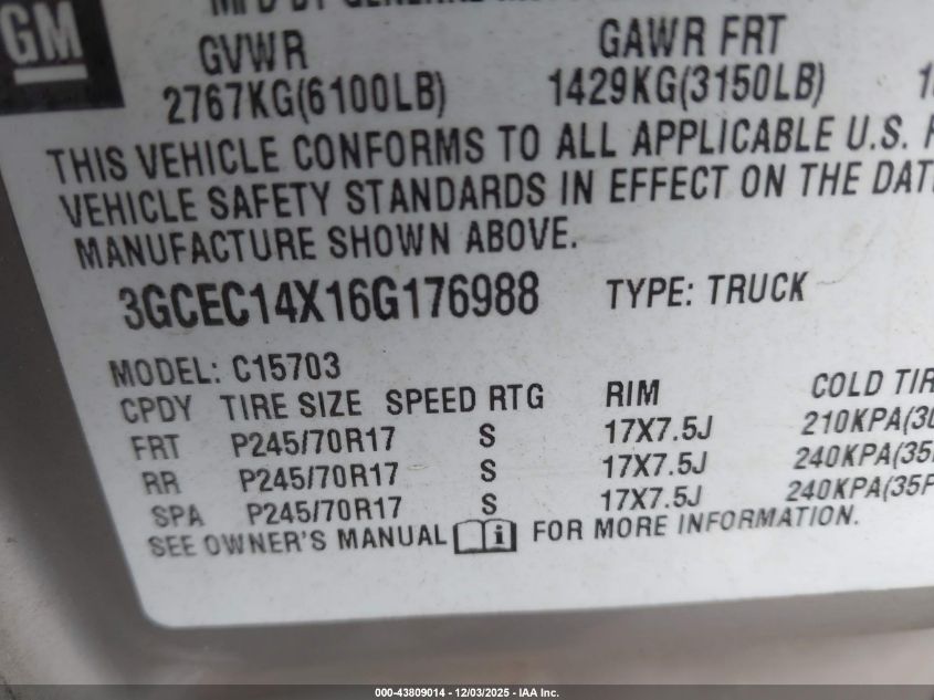 2006 Chevrolet Silverado 1500 Work Truck VIN: 3GCEC14X16G176988 Lot: 43809014