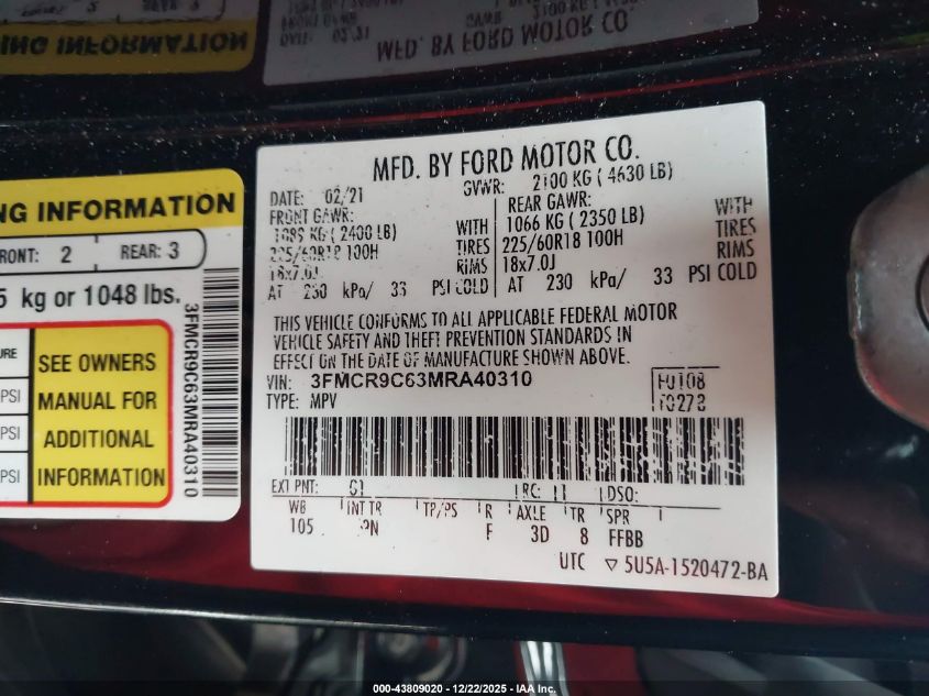 2021 Ford Bronco Sport Outer Banks VIN: 3FMCR9C63MRA40310 Lot: 43809020