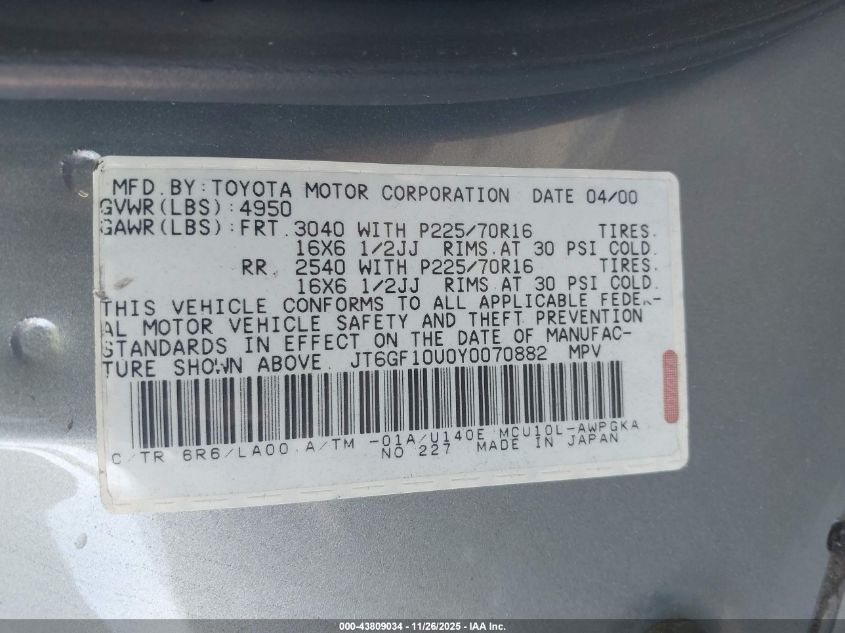 2000 Lexus Rx 300 VIN: JT6GF10U0Y0070882 Lot: 43809034